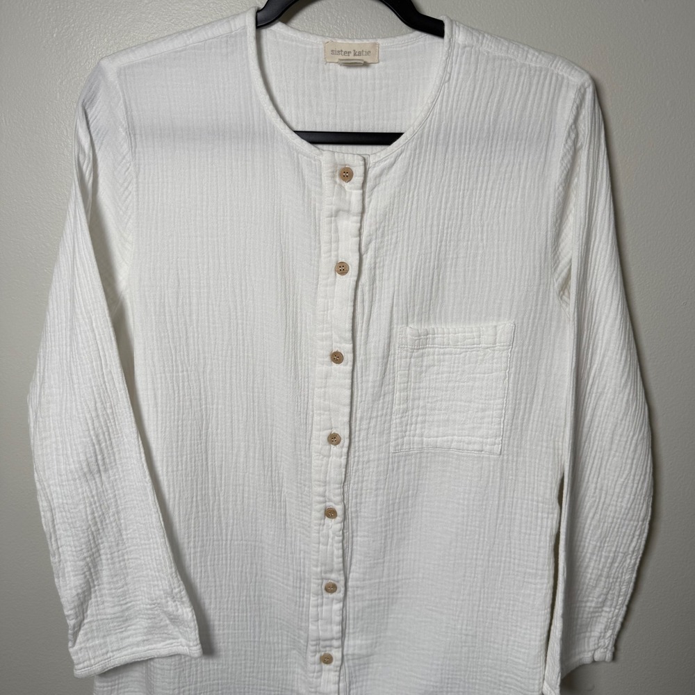Sister Katie White Organic Cotton Gauze Button Down Tunic Top Size M Staple - Picture 3 of 10